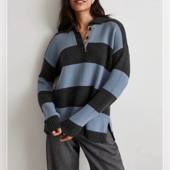 Madewell Sweaters - Madewell Women’s Wool Blend Blue and Black Rugby Striped Sweater, Large